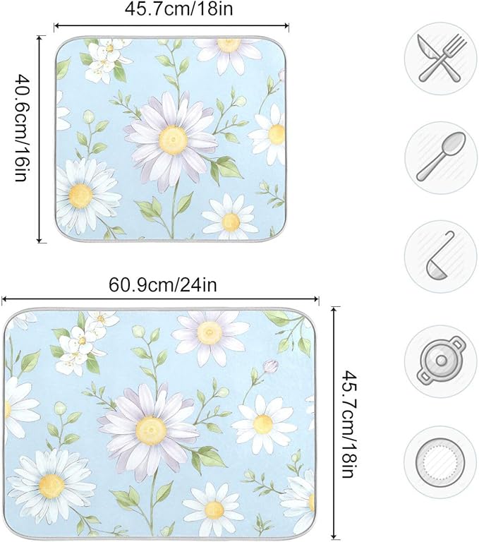 Daisies Flowers Microfiber Dish Drying Mat Absorbent Dish Draining Mat Large Size 18 x 24 Dishes Drainer Mat for Countertop Dish Drying Pads-NeatNest