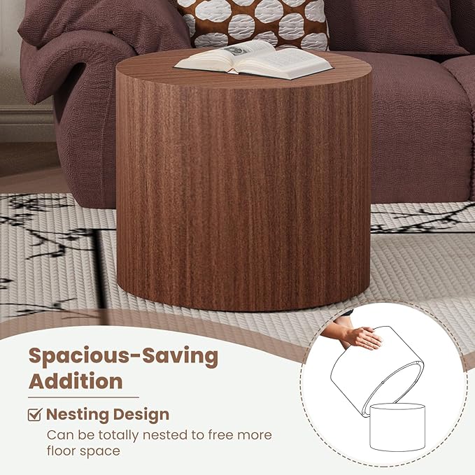 Round Nesting Coffee Table Set of 2 Modern Wood Coffee Tables Handcraft Drum Coffees Table Farmhouse Round Sofa Side Tables End Table for Living Room Small Spaces (Dark Wood)