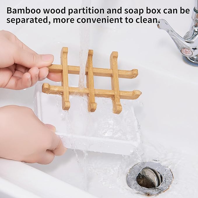 Bamboo Soap Dishes for Shower Wooden Soap Bar Holder for Bathroom Soap Tray Easy to Clean, Durable and with Non-Slip Pads(Single White Square)-NeatNest
