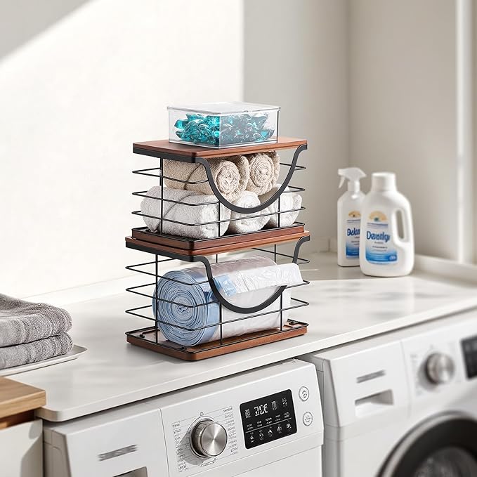 Extra Large Trash Bag Holder Stackable Kitchen Storage, 2 Pack Wall Mounted Pantry Organizers and Storage with Bamboo Top, Garbage Bag Dispenser Under Sink for Laundry Room and Kitchen-NeatNest
