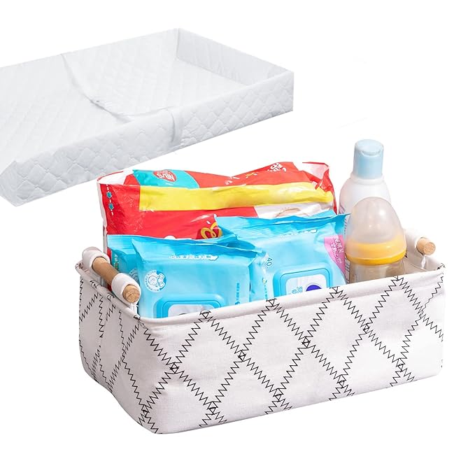 Decorative Collapsible Rectangular Fabric Storage Bin Organizer Basket with Wooden Handles for Clothes Storage,15.4x10.6x5.1 inch,White-NeatNest