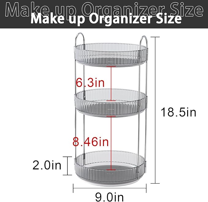 Rotating Makeup Organizer for Vanity, High-Capacity Skincare Clear Make Up Storage Perfume Organizers Cosmetic Dresser Organizer Countertop 360 Spinning (Gray, 3 Tier)-NeatNest