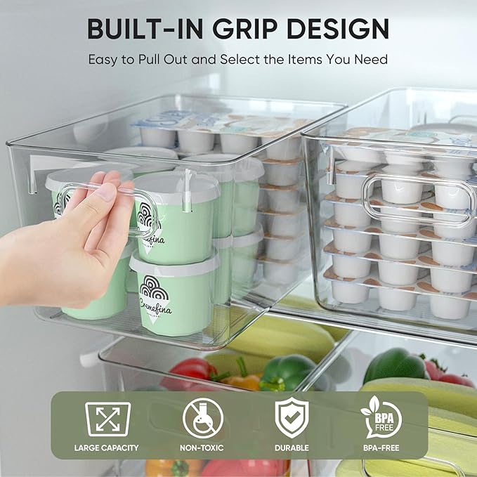 BALEINE Clear Plastic Storage Bins, Pantry Organization, BPA Free Stackable Refrigerator Organizers and Storage with Handles for Kitchen Fridge Cabinet Bathroom (4PK, 13x7.4x6.2)-NeatNest