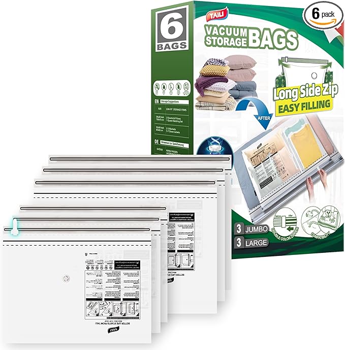 TAILI 6 Pack Vacuum Storage Bags, Combo(3 Large+3 Jumbo), Space Saver for Bedding, Blankets, Pillows, Clothes, LONG SIDE ZIP Vacuum Seal Bags for Clothing Ideal Under Bed Storage Solution-NeatNest