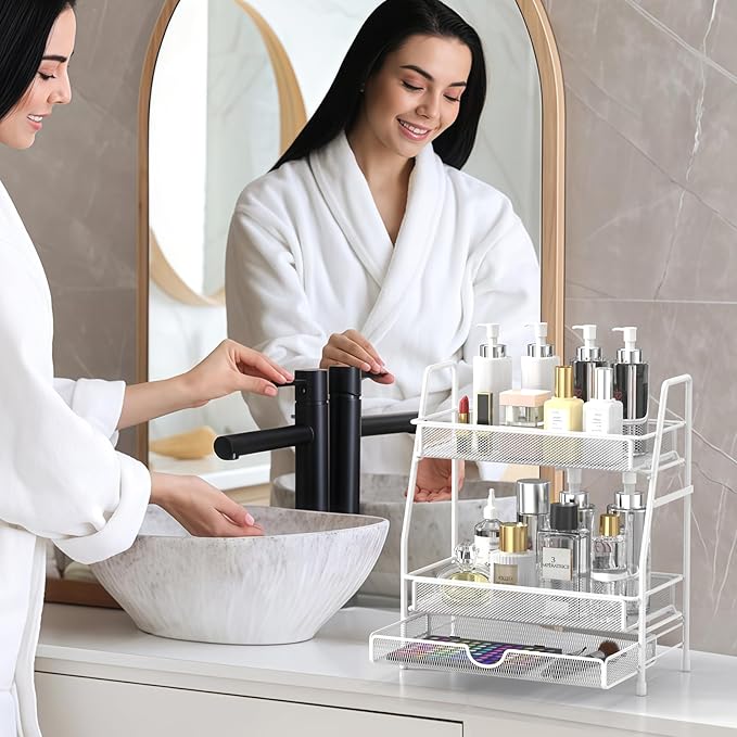 LEMIKKLE 2-Tier Bathroom Counter Organizer with Drawers, Multi-Purpose Makeup Organizer Countertop, Large Skincare Organizers, Exquisite Vanity Shelf-NeatNest