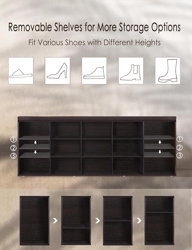 DINZI LVJ Shoe Storage Bench with Cushion, 13-Cubby Shoe Rack, Adjustable Shelves, Multifunctional Shoe Organizer Bench for Entryway, Mudroom, Hallway, Living Room, Bedroom and Garage, Espresso-NeatNest