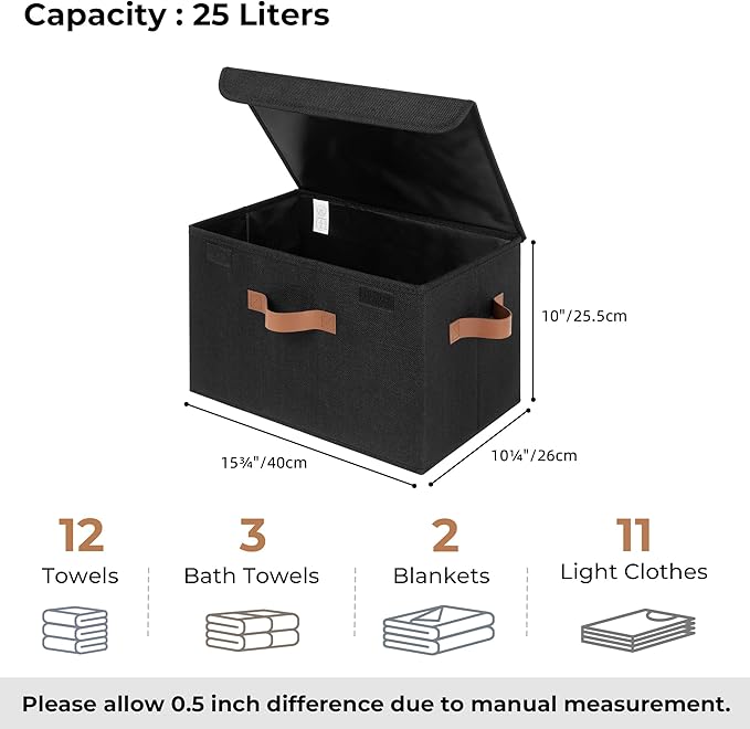 GRANNY SAYS Storage Bins with Lids, Decorative Storage Boxes with PU Handles, Black Storage Bin, Linen Closet Organizer, Shelf Baskets, Fabric Storage Bins for Clothes-NeatNest