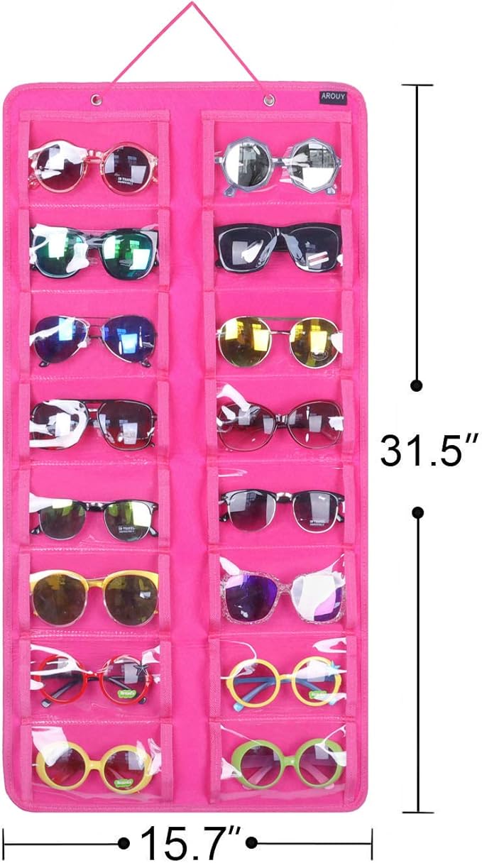 AROUY Sunglasses Organizer Storage, Hanging Dust Proof Wall Pocket Glasses Organizer - 16 Felt Slots Sunglass Organizer Holder with Metal Hook and Sturdy Rope (Dust Proof, Rose)-NeatNest