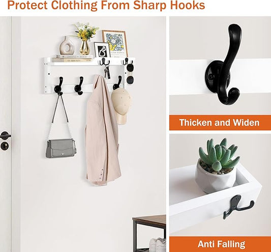 Coat Rack Wall Mount with Shelf, Coat Hanger Wall Mount with Key Hooks and Mail Holder, Wood Entryway Floating Shelf with Hooks and Storage, Hat Rack for Wall Key Holder Mail Organizer-NeatNest