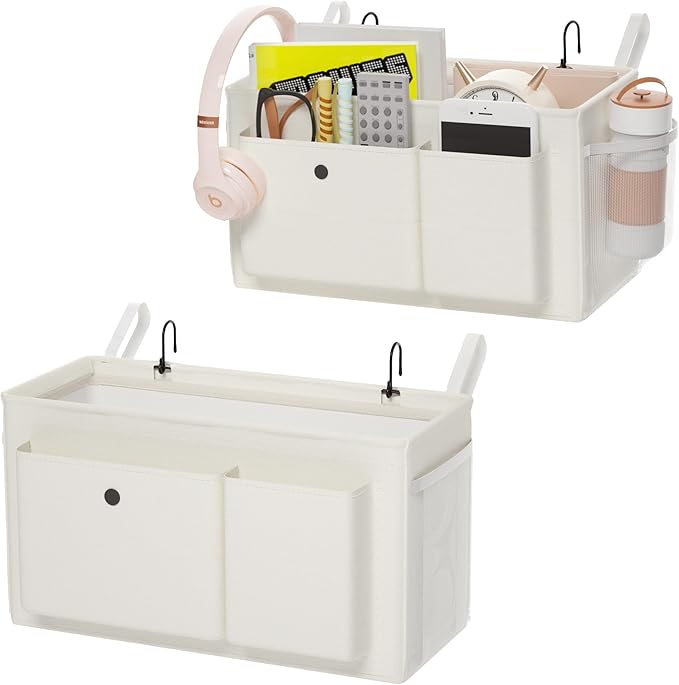Bedside Caddy Bedside Organizer with Fixed Straps & Water Bottle Holder, Bunk Bed Caddy ideal for Home, Dorm, Hospital, Crib, Versatile Bedside Storage Solution (White 2pcs)-NeatNest