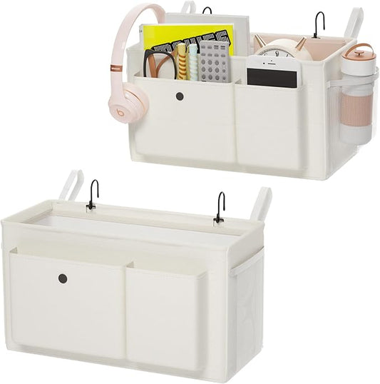 Bedside Caddy Bedside Organizer with Fixed Straps & Water Bottle Holder, Bunk Bed Caddy ideal for Home, Dorm, Hospital, Crib, Versatile Bedside Storage Solution (White 2pcs)-NeatNest