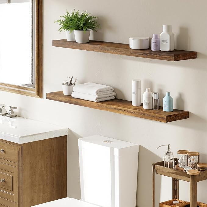 BAMEOS Floating Shelves,40 in W x 7in D Wall Mounted Wooden Shelves with Invisible Brackets Set of 2, Hanging Wall Shelves Decoration for Bedroom, Bathroom, Living Room and Kitchen,Rustic Brown-NeatNest
