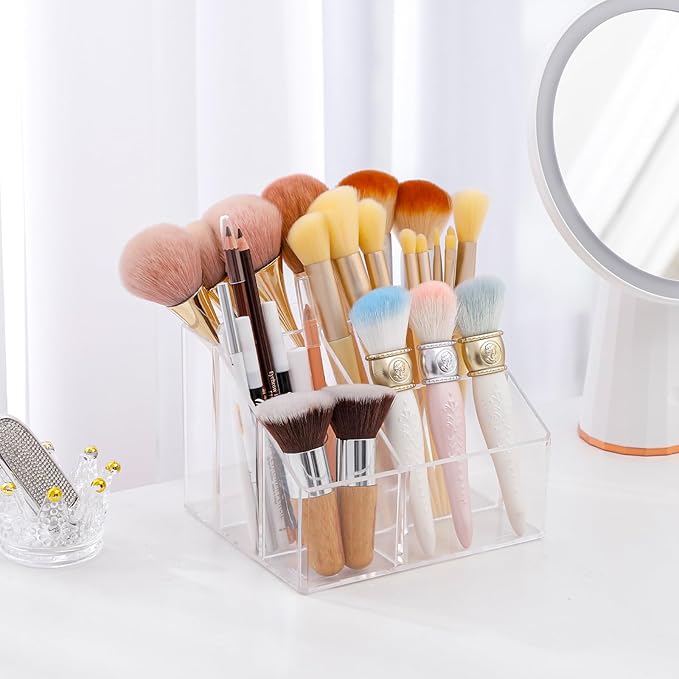 Yesesion Clear Makeup Organizer with 5 Compartments, Plastic Bathroom Counter Storage for Skincare, Toothbrush, Cosmetics Brushes, Palette, Lipsticks, Hair Accessories Holder for Vanity Dresser-NeatNest