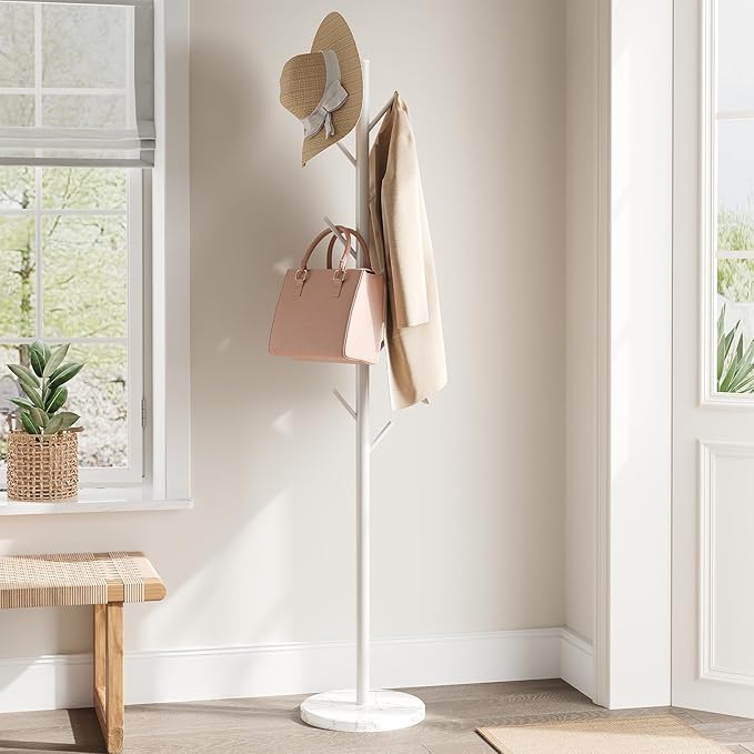 ELYKEN Coat Rack Freestanding with Natural Marble Base, Metal Coat Rack Stand with 10 Hooks, 3 Adjustable Size Coat Tree for Bags, Clothes, and Hats for Entryway, Bedroom, Hallway, Office, White-NeatNest
