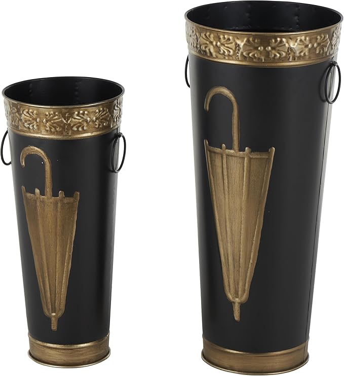 Deco 79 Metal Umbrella Stand with Gold Accents and Round Handles, Set of 2 21", 17" H, Black-NeatNest