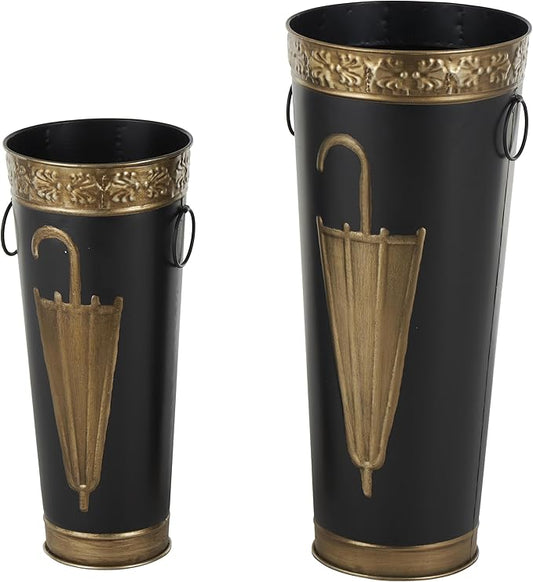 Deco 79 Metal Umbrella Stand with Gold Accents and Round Handles, Set of 2 21", 17" H, Black-NeatNest