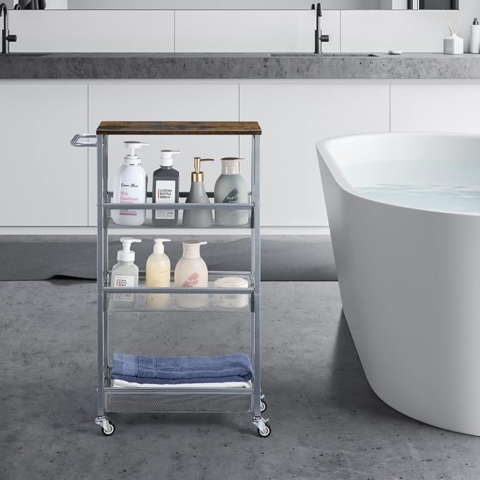 NANANARDOSO 4 Tier Slim Rolling Cart, Narrow Cart with Wood Top and Metal Handle, Kitchen Slim Storage Cart for Narrow Space on Kitchen, Bathroom, Silver.