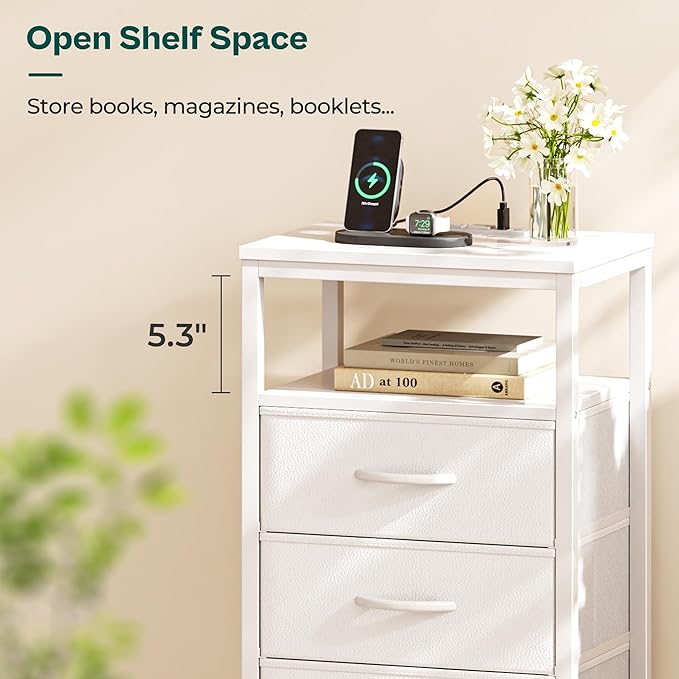 Huuger Nightstands Set of 2, 27.6 Inch End Tables with Charging Station, Bedside Tables with Drawers, PU Leather Finish, USB Port and Outlet, Night Stands for Bedroom, White