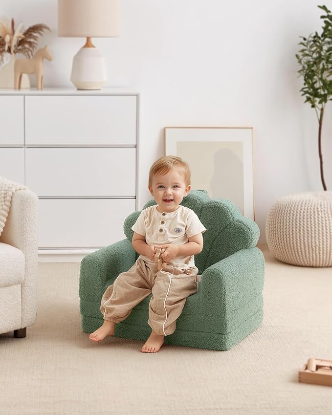 Blissful Diary Kids Couch, 2-in-1 Soft Toddler Couch Fold Out, Toddler Chair Comfy, Convertible Sofa to Lounger, Kids Furniture for Playroom, Gift for Birthday, Children's Day, Green Shell-NeatNest
