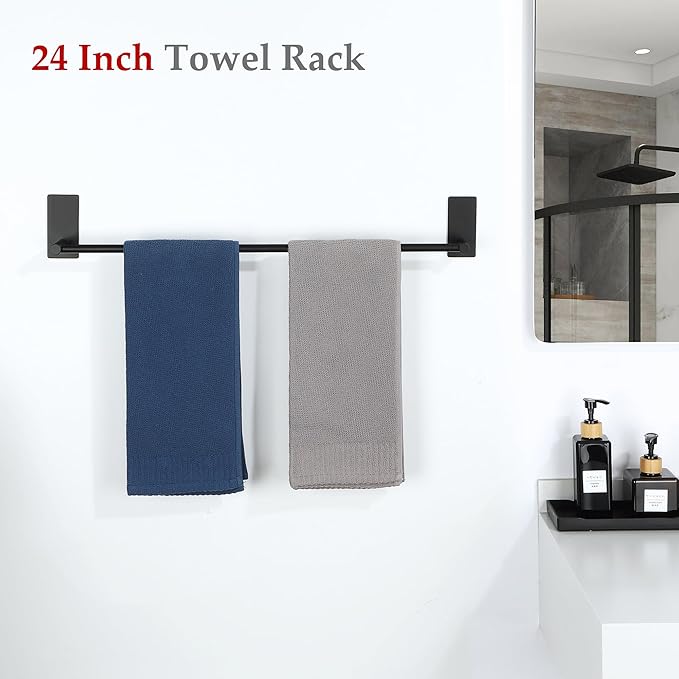 Alise Towel Racks for Bathroom, 24 Inch SUS 304 Stainless Steel Adhesive Towel Bar No Drill, Strong Adhesion Matte Black Towel Rack, Rustproof Bath Towel Holder