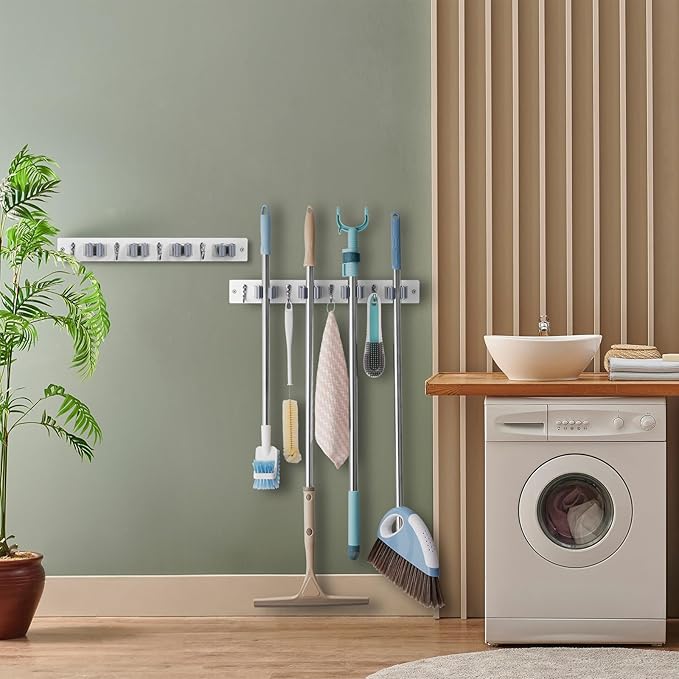 2 Pack Mop Broom Holder Wall Mount - White Wood Broom Mop Hanger - Wall Mounted Garden Tool Rack Organizer for Closet Garage Laundry Room, 4 Slots & 4 Hooks-NeatNest
