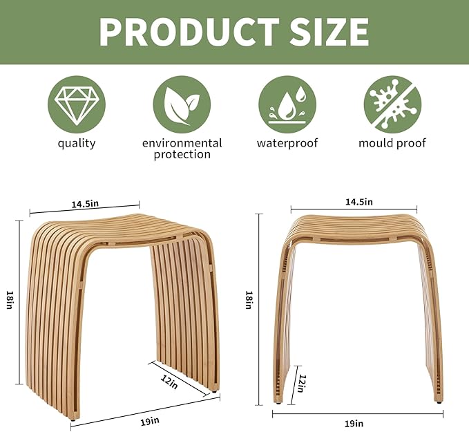 Bamboo Bathroom and Dining Stool, Bamboo Bench, Durable and Beautiful Designed for Bathroom Room, Dining Room, Living Room and Bedroom,