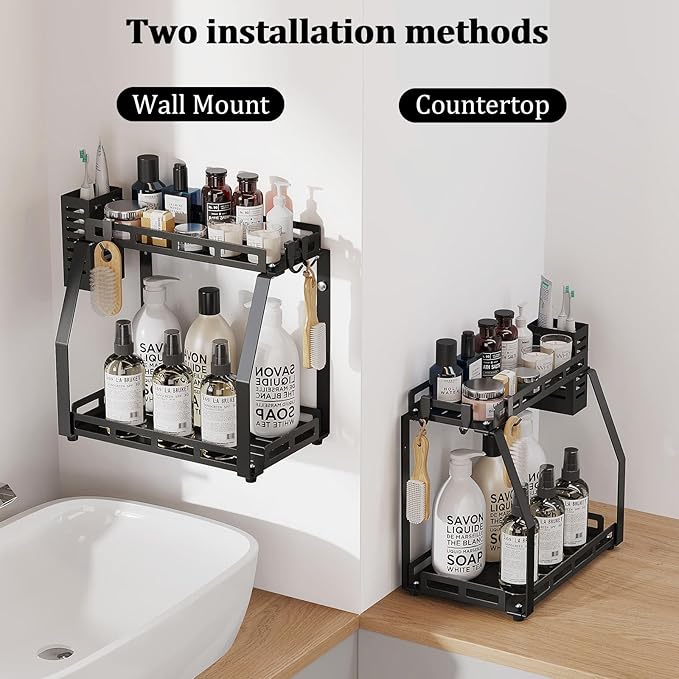 Bathroom Organizer Countertop, 2 Tier Bathroom Counter Organizer Rack Storage Caddy for Toiletries, Standing Vanity Shelf Tray, Sturdy, Metal Black, Medium 12.1''L x 7.6''W