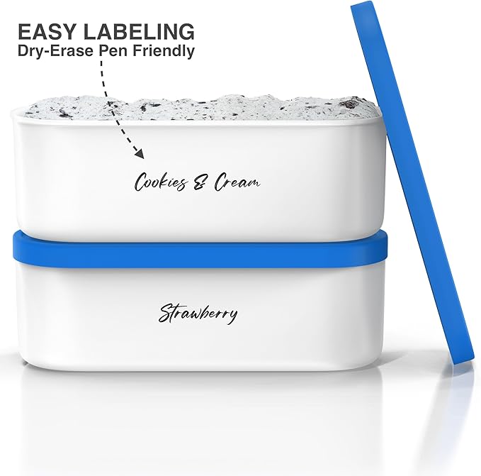 Ice Cream Containers - 2 Quart Ea. (Set of 2) - Premium Reusable Freezer Storage for Homemade Ice Cream Tub for Sorbet, Frozen Yogurt - Flexible Silicone Lids, Long Scoop, Stackable - Blue