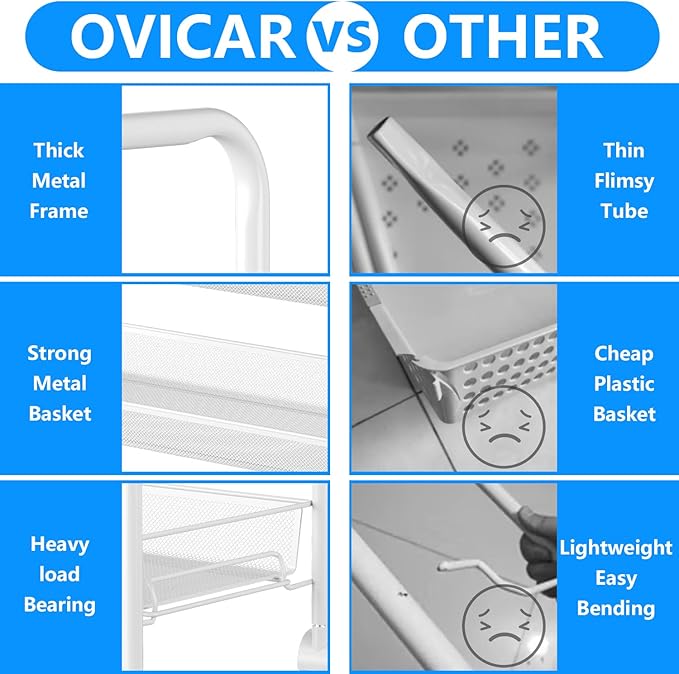 OVICAR 4 Tier Mesh Wire Rolling Cart, Kitchen Storage Organizer Utility Cart, Full Metal Basket Storage Art Trolley Carts with Wheels & 4 Side Hooks