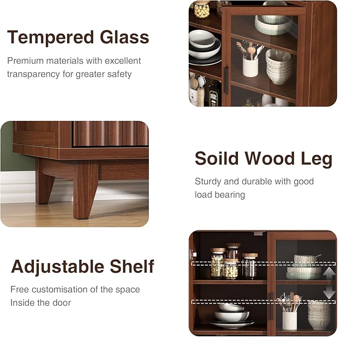 71" Tall Arched Cabinet with Glass Doors, Fluted Pantry Cabinet with Solid Wood Legs, Modern Accent Furniture for Living Room, Kitchen, Dining Room, Entryway, Walnut