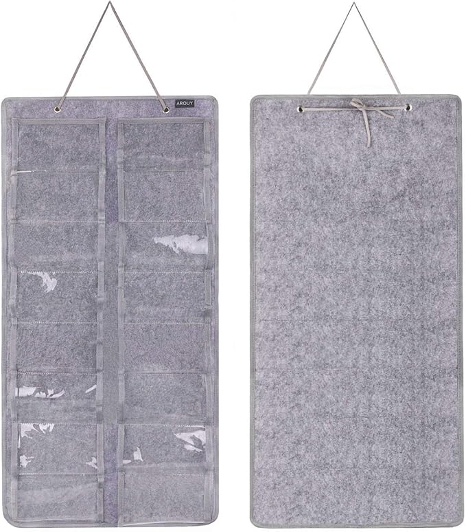 AROUY Sunglasses Organizer Storage, Hanging Dust Proof Wall Pocket Glasses Organizer - 16 Felt Slots Sunglass Organizer Holder with Metal Hook and Sturdy Rope (Gray, Dust Proof)-NeatNest