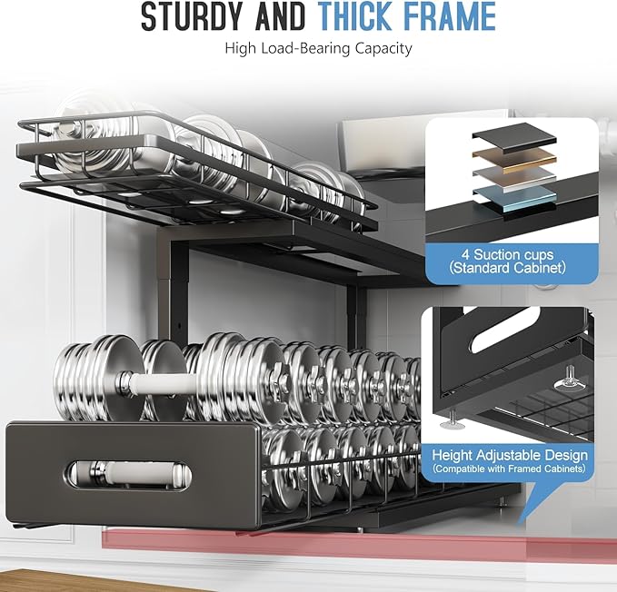2 Pack 21 IN Depth Pull Out Cabinet Storage With Smooth Rails,2-Tier Dual Pull Out Cabinet Storage For Bathroom Kitchen,Under Sink Shelf-Black-NeatNest