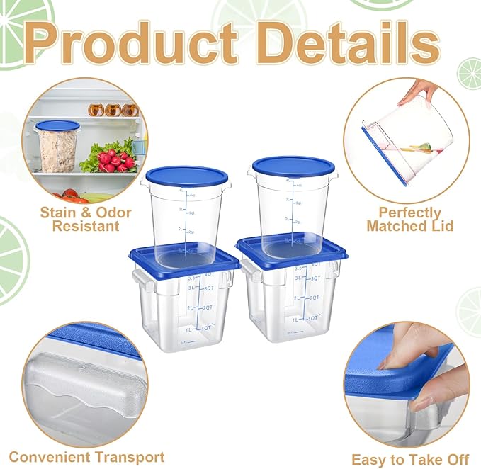 4 Pcs Food Storage Container with Lids Set 4 Qt Square and Round Clear PC Commercial Containers with Scale Handle for Home Restaurant Kitchen Food Storage, Dough Rise, Flour (Blue)