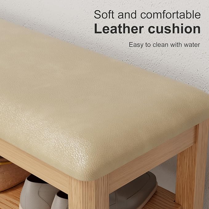 Wood Shoe Rack Bench for Entryway, Shoe Rack for Front Door Entrance with Leather Cushion, 2 Tier Shoe Bench with Shoe Storage for Entryway, Bedroom.-NeatNest
