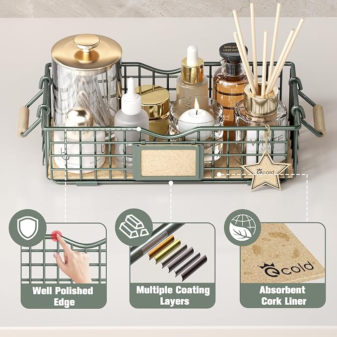 Bathroom Organizer Basket with Handle, Home Decor Organizers - Bathroom Organizers and Storage - Exquisite Vanity Tray for Skincare - Counter Tray for Organizing - Sage Green-NeatNest