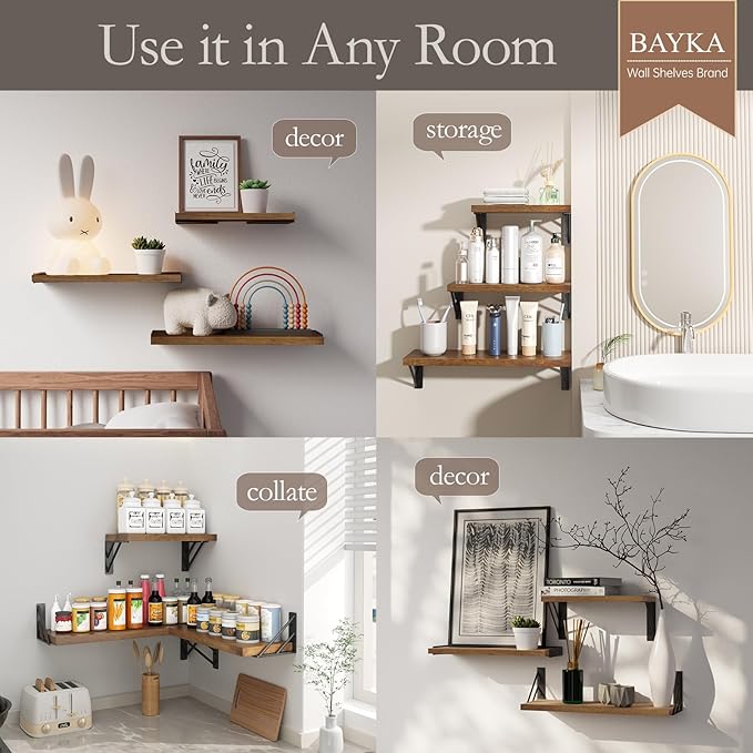 BAYKA Floating Shelves for Wall, Book Shelf for Bedroom, Wall Decor Shelves for Living Room Kitchen, Mounted Wood Floating Shelf for Home Decor, Corner Shelf for Bathroom, Office(Set of 3)-NeatNest