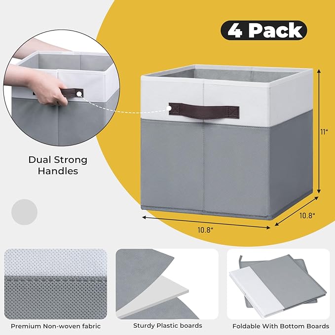 Criusia Fabric Storage Cubes - 11 Inch Collapsible Storage Bins 4 Pack - Clothes Organizer Bins for Closet, Shelves, Cube Organizer/Home Organization and Storage Baskets for Organizing Toys Blanket-NeatNest