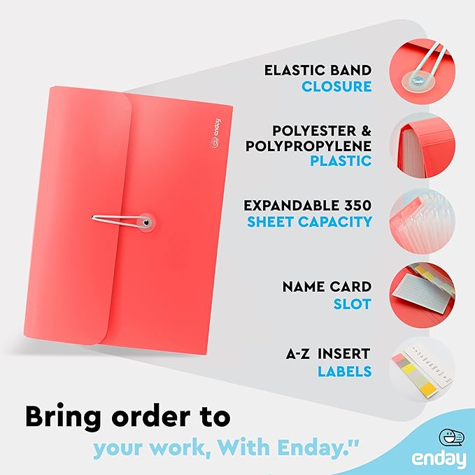 Accordian File Organizer, 13 Pocket Expanding File & Cover Folder with Labels, Plastic Portable Desktop Supplies Letter A4 Paper in Red and Grey (2 Pack) – by Enday