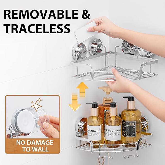 LEVERLOC Powerful Suction Cup Corner Shower Caddy 2 Pack, Stainless Steel Rustproof Shower Shelf with Hooks, Drill-Free Wall Mounted Bathroom Organizer, Large Capacity Removable Suction Basket, Silver