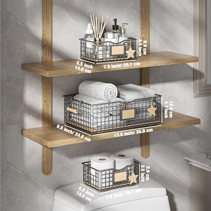 Bathroom Tray Organizers and Storage, 3 Pack Storage Baskets with Wooden Handles, Multipurpose for Bathroom, Coffee Bar, Kitchen cabinet, Living Room - Grey-NeatNest