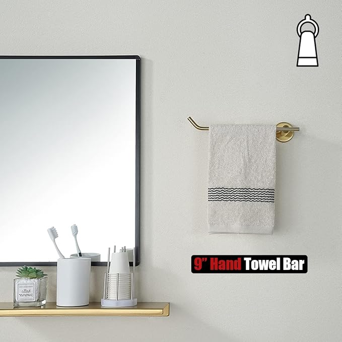 JQK Brass Gold Hand Towel Bar, Stainless Steel Towel Ring for Bathroom, 9 Inch Necklace Holder Brushed Golden Wall Mount Left Hand, TR101-BG