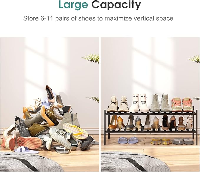 Black Shoe Rack, 2-Tier Long Shoe Rack for Entryway, Bamboo Wood Shoe Shelf for Closet & Hallway, Long 33IN | Beautiful | Functional | Sturdy | Durable-NeatNest