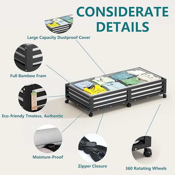 Bamboo Under Bed Storage Containers- Underbed Organizer with Wheels with Large Capacity Dust Bag,Sturdy Wood Rolling Under Bed Shoe Storage Organizer 2 Packs (Black, 2 Packs (33.07"×16.54"))-NeatNest