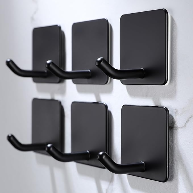 DELITON 6 Pack Towel Hooks for Hanging, Adhesive Hooks Stick on Wall for Bathroom Kitchen Heavy Duty Stainless Steel, Black-NeatNest