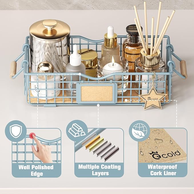 Bathroom Organizer Basket with Handle, Home Decor Basket- Bathroom Organizers and Storage - Exquisite Vanity Tray for Skincare - Restroom Counter Baskets for Organizing - Blue-NeatNest