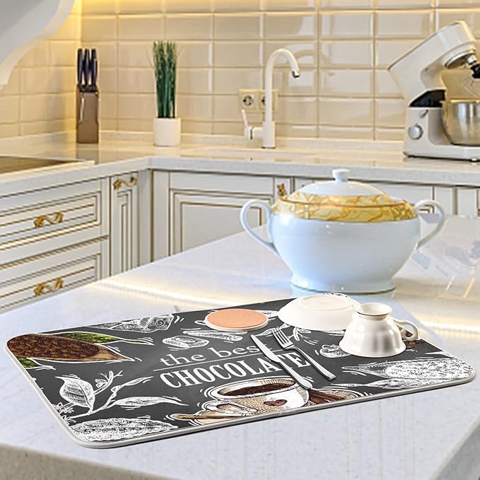 Absorbent Dish Drying Mat for Kitchen Counter - Coffee the Best Chocolate Microfiber Drying Pad, Reversible Drainer Mats for Countertop, Large 18" x 24"