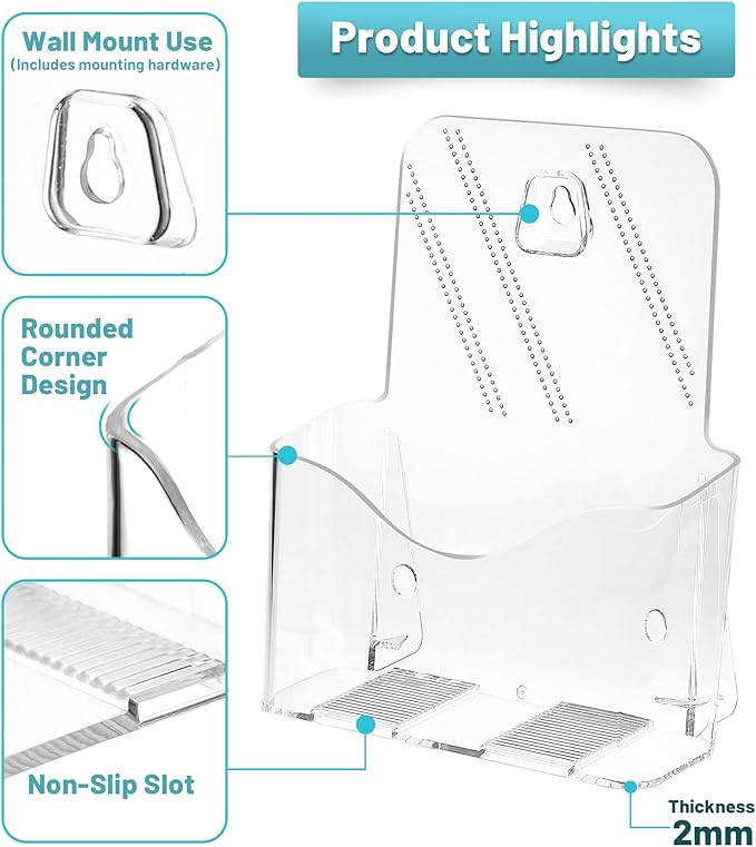 Acrylic Brochure Holder 8.5 x 5.5 Inches, 6-Pack Clear Plastic Display Stand for Half-Fold Flyers, Pamphlets, Menus, Trifold Literature, Wall Mount or Countertop Use