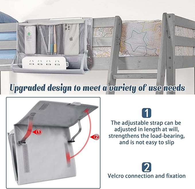 Bedside Caddy Bedside Storage Organizer Bedside Organizer with Power Strip Holder and 2 Adjustable Straps for Home Bunk Bed College Dorm Sofa (2 Pack Light Gray)-NeatNest