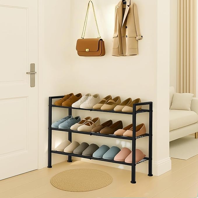 Simple 3 Tier Shoe Rack,Metal Stackable Shoe Storage Organizer for Closet,Entryway, Bedroom, Black (Black, 3-Tier)-NeatNest