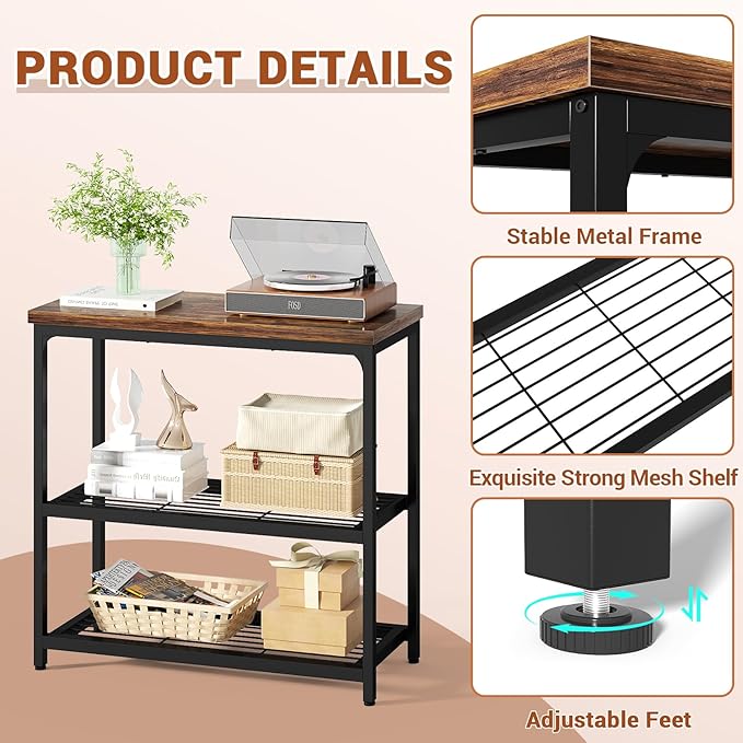 32" Small Console Table, 3-Tier Entryway Table, Sofa Table with Mesh Shelves, Console Tables for Living Room, Bedroom, Hallway, Entryway, Foyer, Rustic Brown-NeatNest